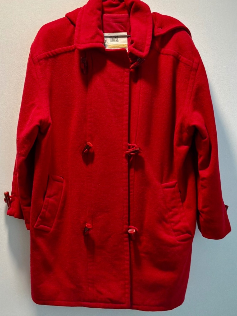 Vintage Towne by London Fog Red 100% Wool Duffle Toggle Coat & Hood Size 10 M